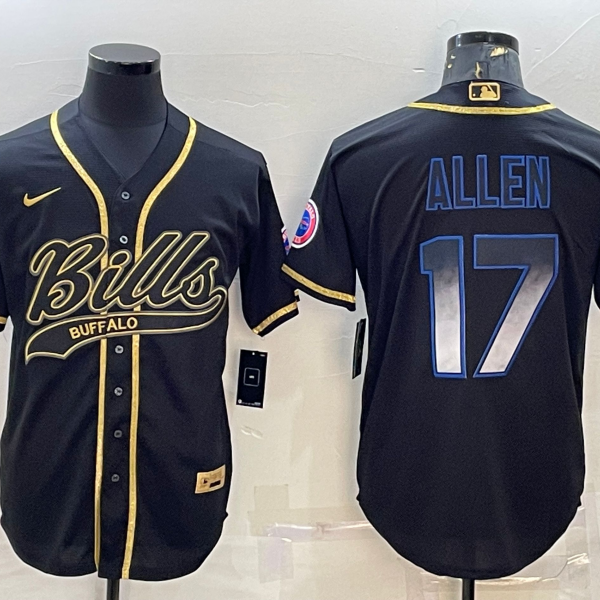 Men’s Buffalo Bills #17 Josh Allen Black Gold Vapor Smoke With Patch Cool Base Stitched Baseball Jersey