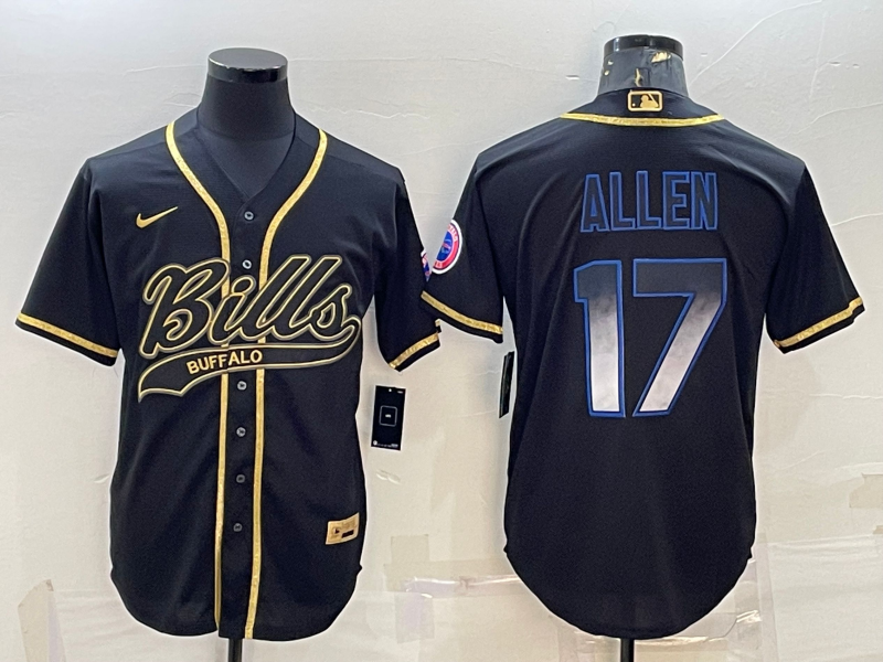 Men’s Buffalo Bills #17 Josh Allen Black Gold Vapor Smoke With Patch Cool Base Stitched Baseball Jersey
