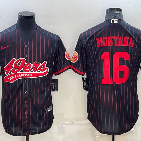 Men’s San Francisco 49ers #16 Joe Montana Black With Patch Cool Base Stitched Baseball Jersey