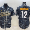 Men’s Pittsburgh Steelers #12 Terry Bradshaw Grey Navy Camo With Patch Cool Base Stitched Baseball Jersey
