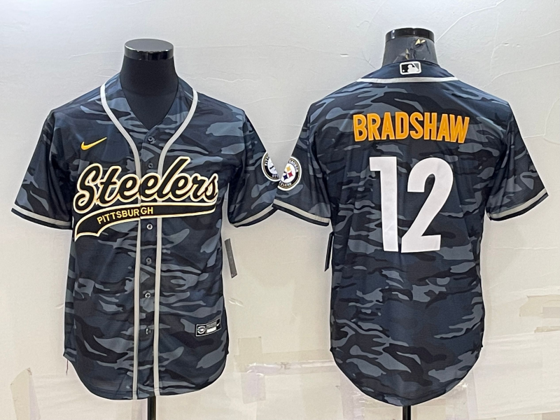 Men’s Pittsburgh Steelers #12 Terry Bradshaw Grey Navy Camo With Patch Cool Base Stitched Baseball Jersey