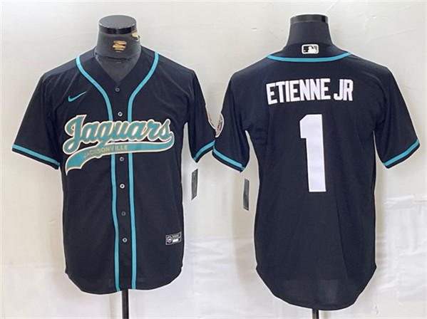 Men’s Jacksonville Jaguars #1 Travis Etienne Jr. Black With Patch Cool Base Baseball Stitched Jersey