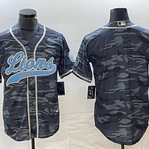 Men’s Detroit Lions Blank Grey Camo With Patch Cool Base Stitched Baseball Jersey