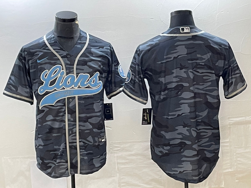 Men’s Detroit Lions Blank Grey Camo With Patch Cool Base Stitched Baseball Jersey