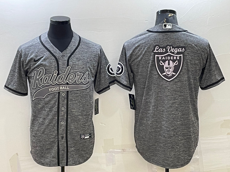 Men’s Las Vegas Raiders Grey Team Big Logo With Patch Cool Base Stitched Baseball Jersey