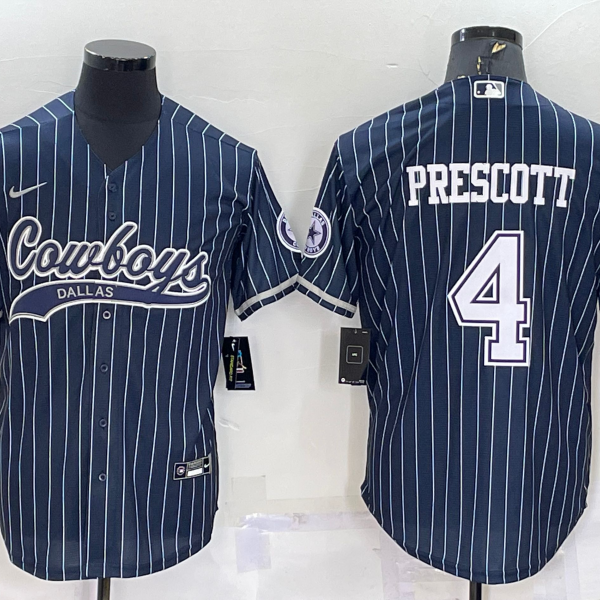 Men’s Dallas Cowboys #4 Dak Prescott Navy Blue Pinstripe With Patch Cool Base Stitched Baseball Jersey