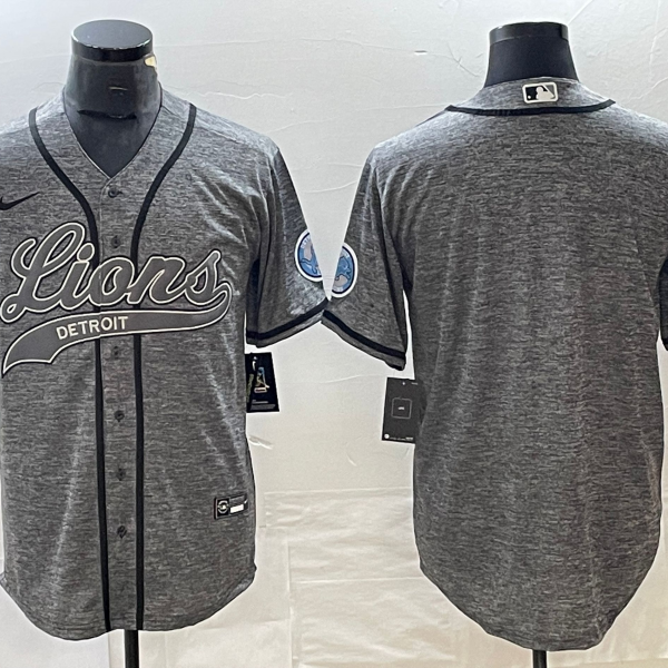 Men’s Detroit Lions Blank Grey Gridiron With Patch Cool Base Stitched Baseball Jersey