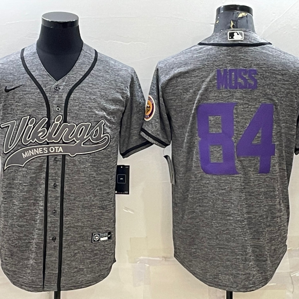 Men’s Minnesota Vikings #84 Randy Moss Grey Gridiron With Patch Cool Base Stitched Baseball Jersey