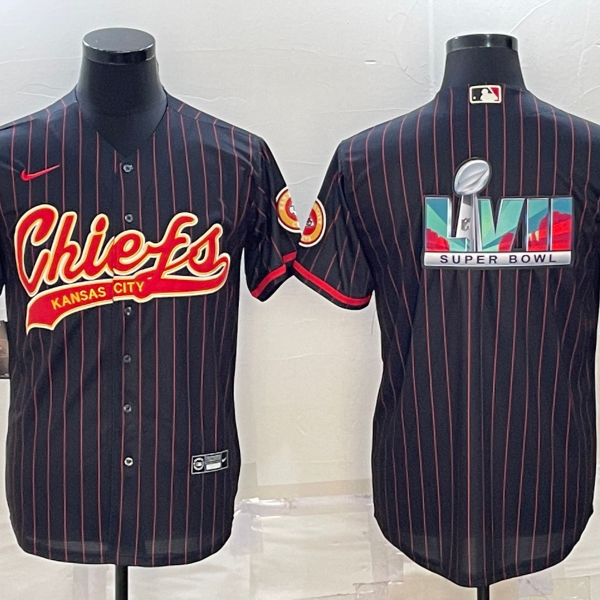 Men’s Kansas City Chiefs Black With Super Bowl LVII Big Logo Cool Base Stitched Baseball Jersey