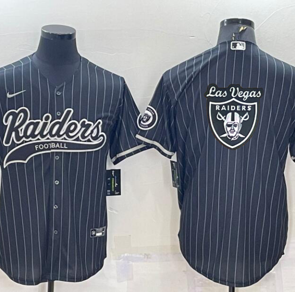 Men’s Las Vegas Raiders Black Pinstripe Team Big Logo With Patch Cool Base Stitched Baseball Jersey