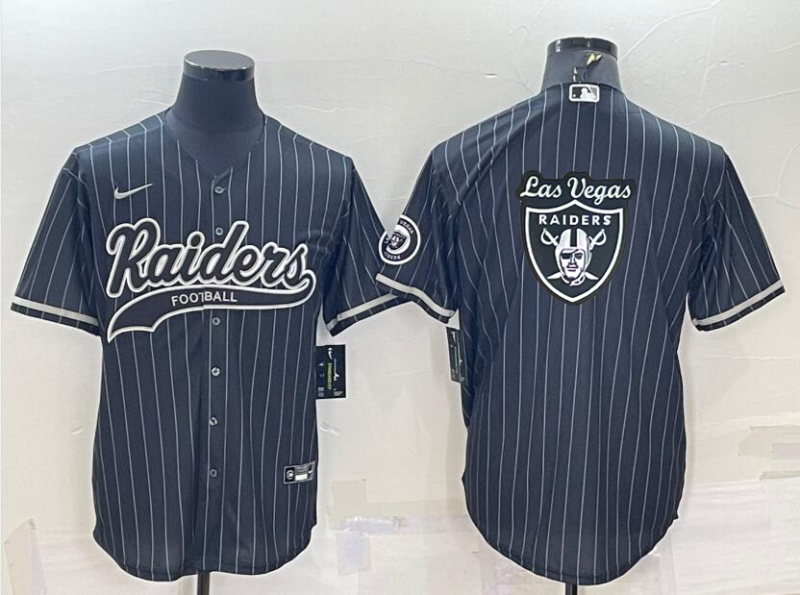 Men’s Las Vegas Raiders Black Pinstripe Team Big Logo With Patch Cool Base Stitched Baseball Jersey