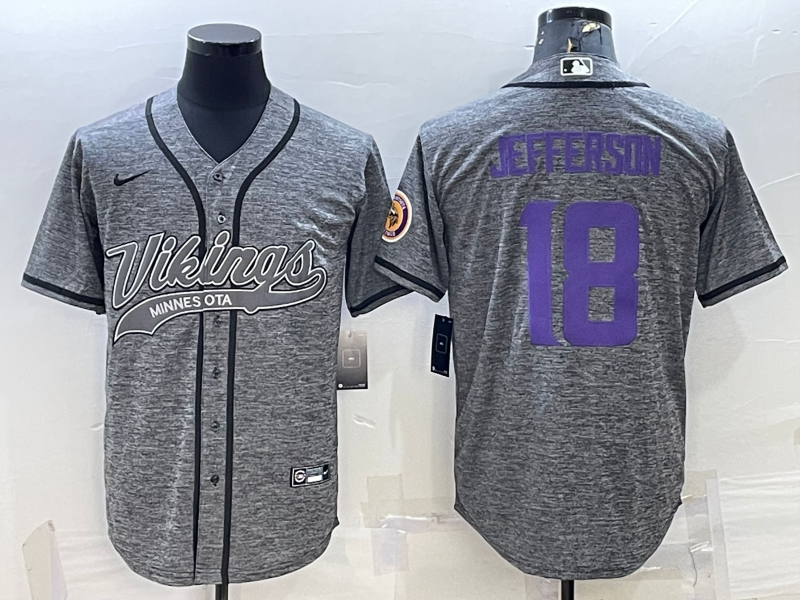 Men’s Minnesota Vikings #18 Justin Jefferson Grey Gridiron With Patch Cool Base Stitched Baseball Jersey