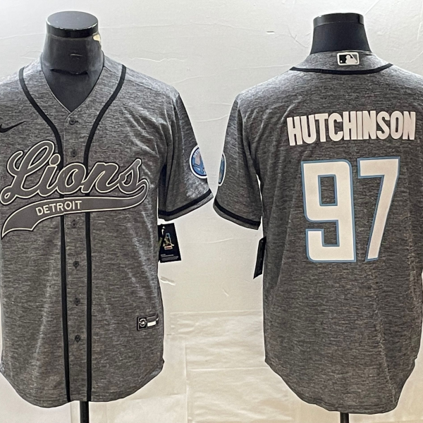 Men’s Detroit Lions #97 Aidan Hutchinson Grey Gridiron With Patch Cool Base Stitched Baseball Jersey