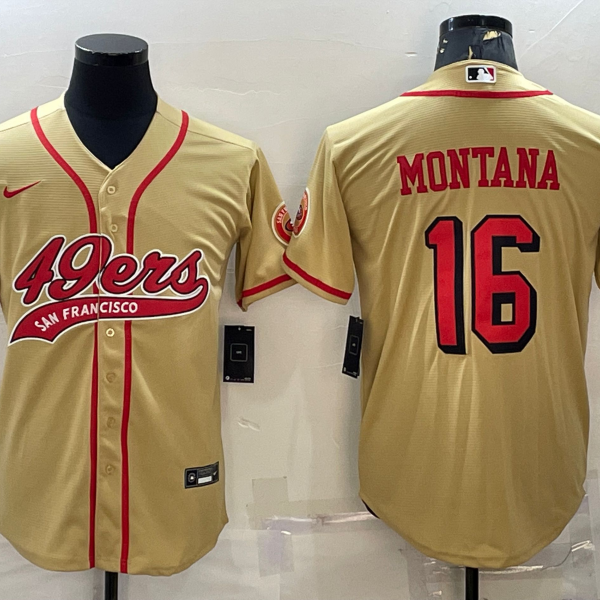 Men’s San Francisco 49ers #16 Joe Montana Gold Color Rush With Patch Cool Base Stitched Baseball Jersey
