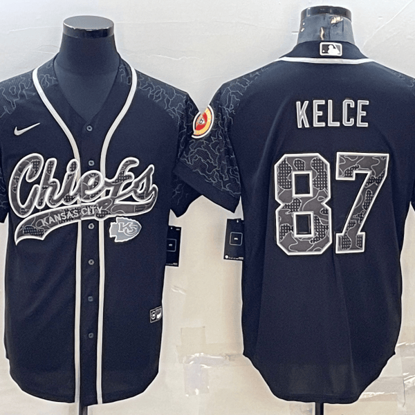 Men’s Kansas City Chiefs #87 Travis Kelce Black Reflective With Patch Cool Base Stitched Baseball Jersey