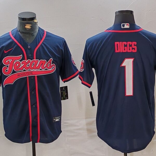 Men’s Houston Texans #1 Stefon Diggs Navy With Patch Cool Base Stitched Baseball Jersey