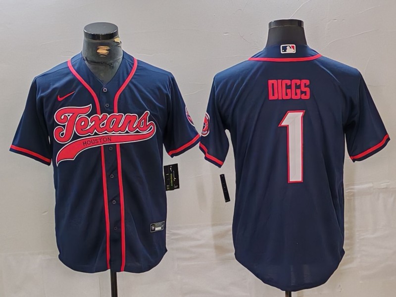 Men’s Houston Texans #1 Stefon Diggs Navy With Patch Cool Base Stitched Baseball Jersey