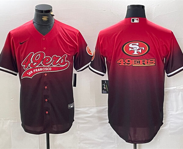 Men’s San Francisco 49ers Team Big Logo Red Black With Patch Cool Base Stitched Baseball Jersey
