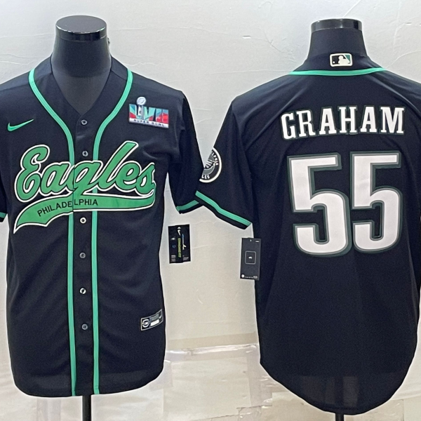 Men’s Philadelphia Eagles #55 Brandon Graham Black With Super Bowl LVII Patch Cool Base Stitched Baseball Jersey
