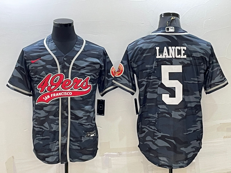 Men’s San Francisco 49ers #5 Trey Lance White Name Grey Camo With Patch Cool Base Stitched Baseball Jersey