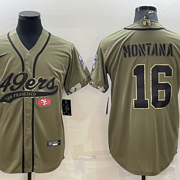 Men’s San Francisco 49ers #16 Joe Montana 2022 Olive Salute to Service Cool Base Stitched Baseball Jersey