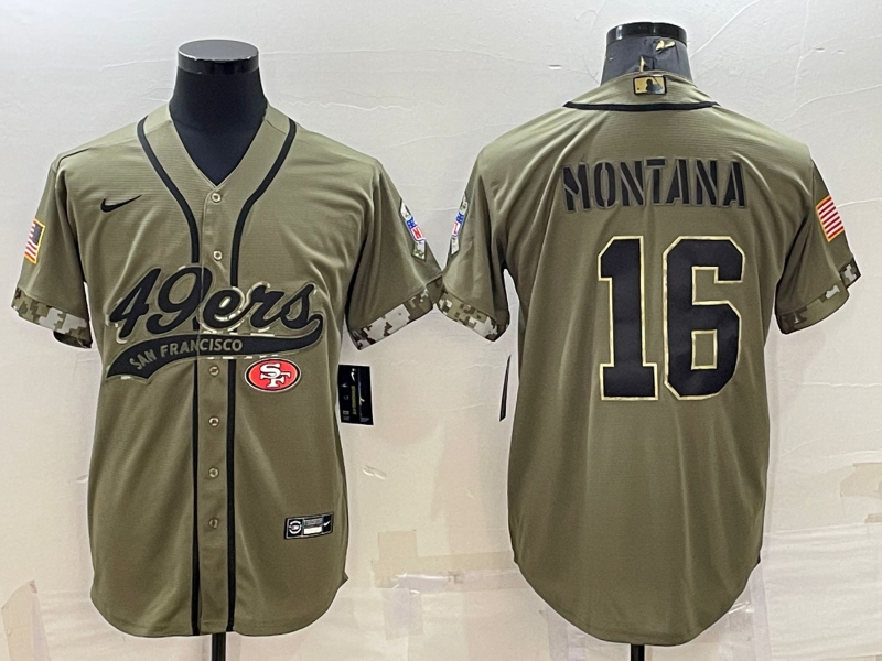 Men’s San Francisco 49ers #16 Joe Montana 2022 Olive Salute to Service Cool Base Stitched Baseball Jersey