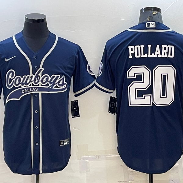 Men’s Dallas Cowboys #20 Tony Pollard Navy With Patch Cool Base Stitched Baseball Jersey