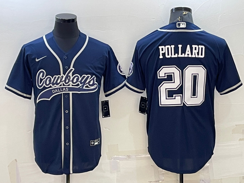 Men’s Dallas Cowboys #20 Tony Pollard Navy With Patch Cool Base Stitched Baseball Jersey