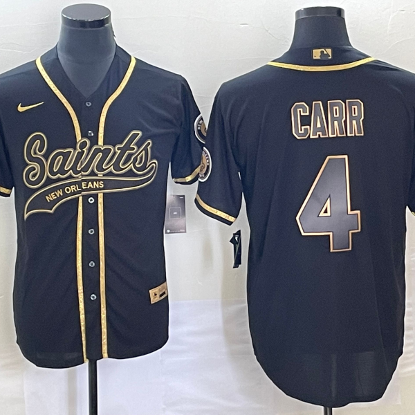 Men’s New Orleans Saints #4 Derek Carr Black Gold With Patch Cool Base Stitched Baseball Jersey