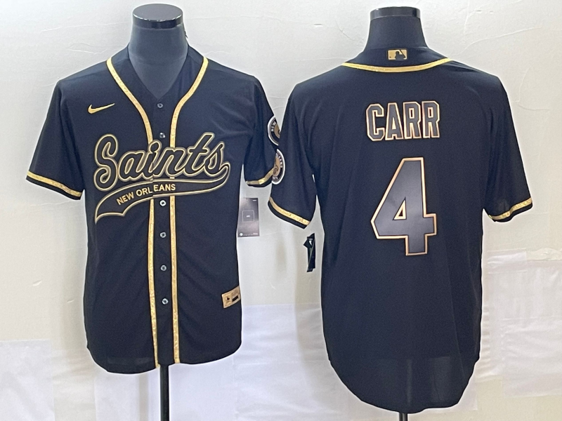 Men’s New Orleans Saints #4 Derek Carr Black Gold With Patch Cool Base Stitched Baseball Jersey