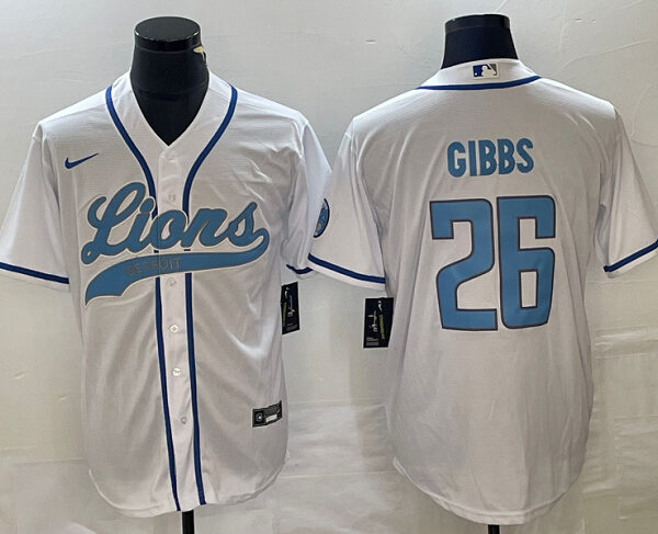 Men’s Detroit Lions #26 Jahmyr Gibbs White Cool Base Stitched Baseball Jersey