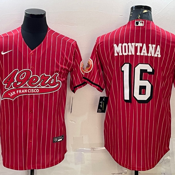 Men’s San Francisco 49ers #16 Joe Montana Red Pinstripe Color Rush With Patch Cool Base Stitched Baseball Jersey