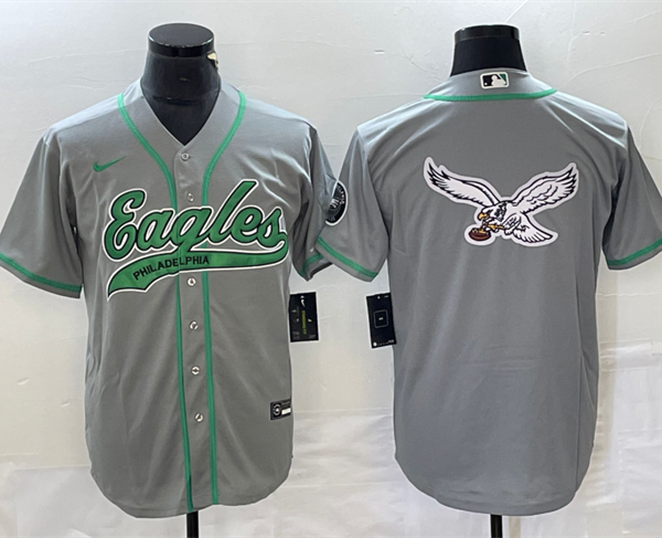 Men’s Philadelphia Eagles Gray Team Big Logo Cool Base Stitched Baseball Jersey
