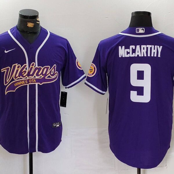 Men’s Minnesota Vikings #9 JJ McCarthy Purple Cool Base Stitched Baseball Jersey