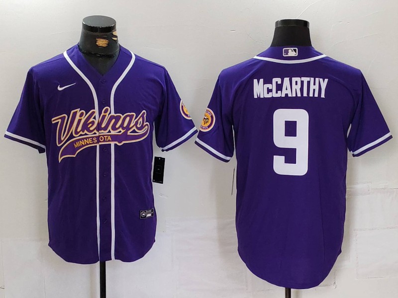 Men’s Minnesota Vikings #9 JJ McCarthy Purple Cool Base Stitched Baseball Jersey
