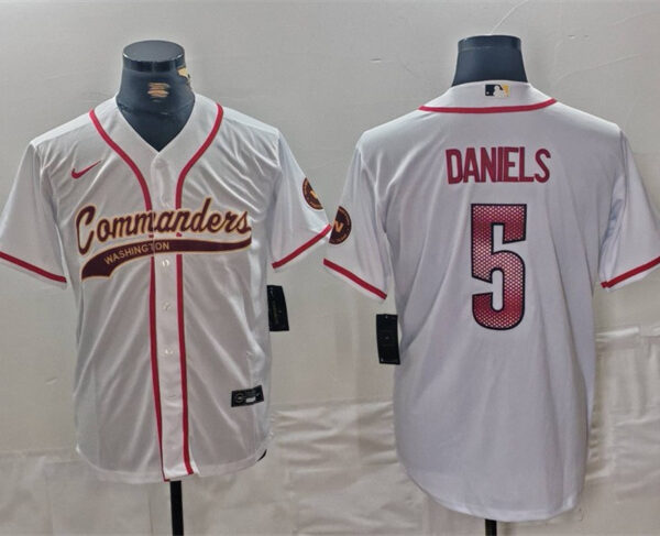 Men’s Washington Commanders #5 Jayden Daniels White With Patch Cool Base Stitched Baseball Jersey