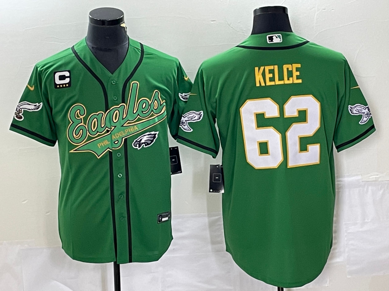 Men’s Philadelphia Eagles #62 Jason Kelce Green Gold C Patch Cool Base Stitched Baseball Jersey