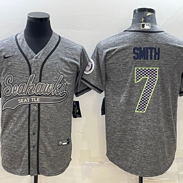 Men’s Seattle Seahawks #7 Geno Smith Grey Gridiron With Patch Cool Base Stitched Baseball Jersey
