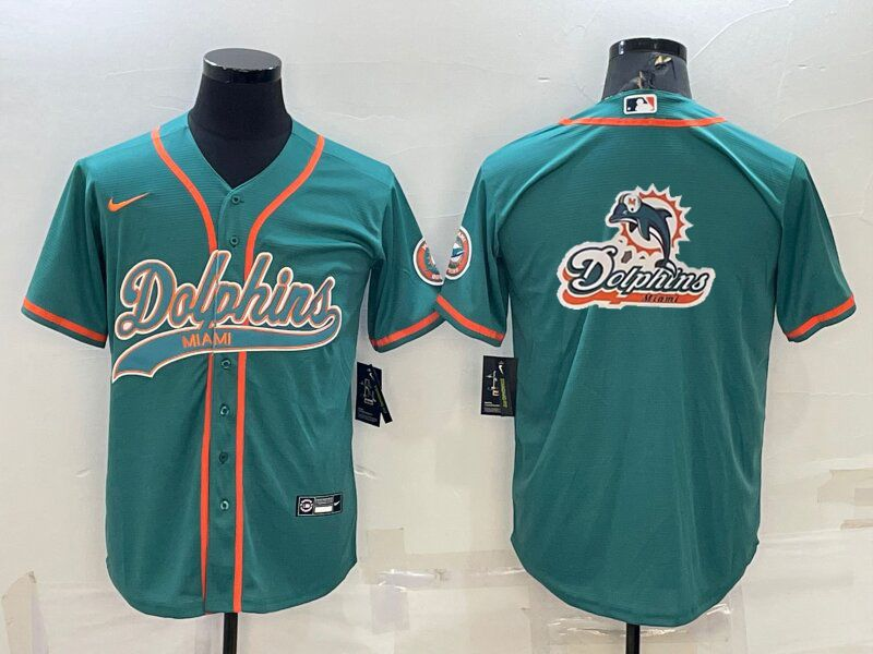 Men’s Miami Dolphins Aqua Team Big Logo With Patch Cool Base Stitched Baseball Jersey