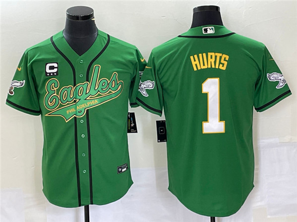 Men’s Philadelphia Eagles #1 Jalen Hurts Green With C Patch Cool Base Stitched Baseball Jersey