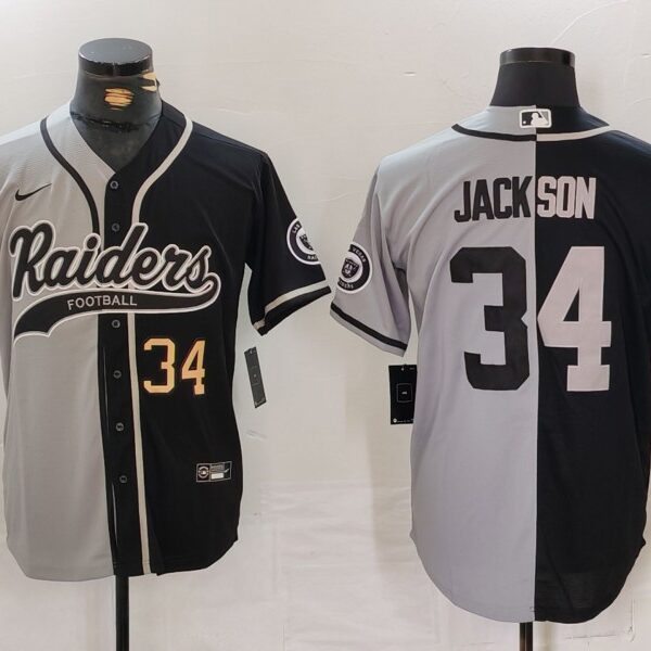Men’s Las Vegas Raiders #34 Bo Jackson Number Grey Black Split Cool Base Stitched Baseball Jersey
