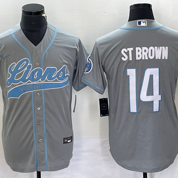 Men’s Detroit Lions #14 Amon Ra St Brown Grey With Patch Cool Base Stitched Baseball Jersey