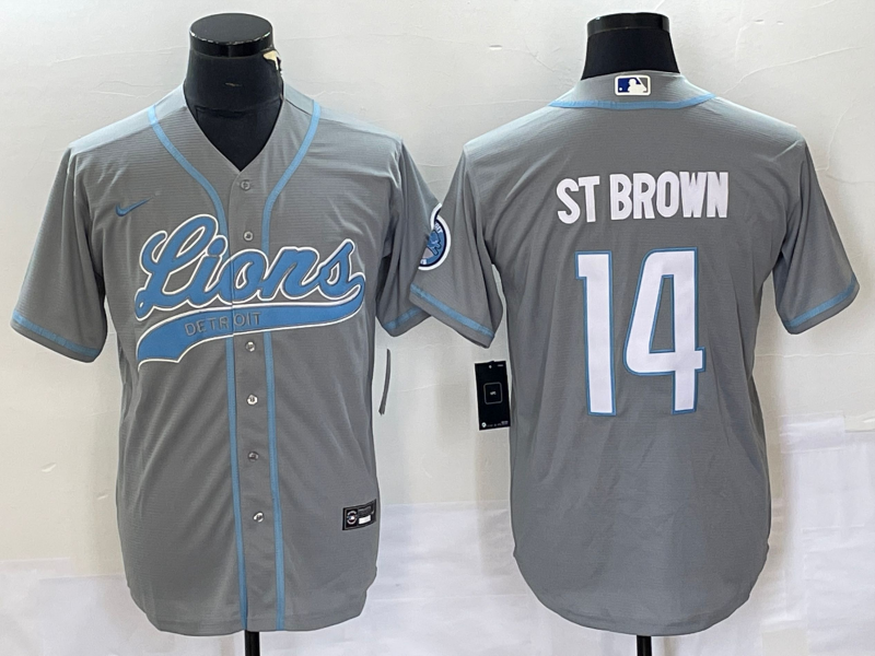 Men’s Detroit Lions #14 Amon Ra St Brown Grey With Patch Cool Base Stitched Baseball Jersey