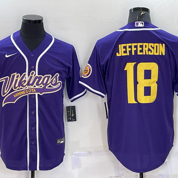 Men’s Minnesota Vikings #18 Justin Jefferson Purple Yellow With Patch Cool Base Stitched Baseball Jersey
