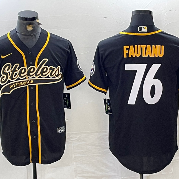 Men’s Pittsburgh Steelers #76 Troy Fautanu Black With Patch Cool Base Stitched Baseball Jersey