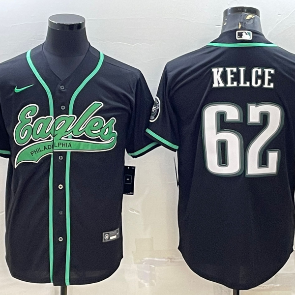 Men’s Philadelphia Eagles #62 Jason Kelce Black With Patch Cool Base Stitched Baseball Jersey