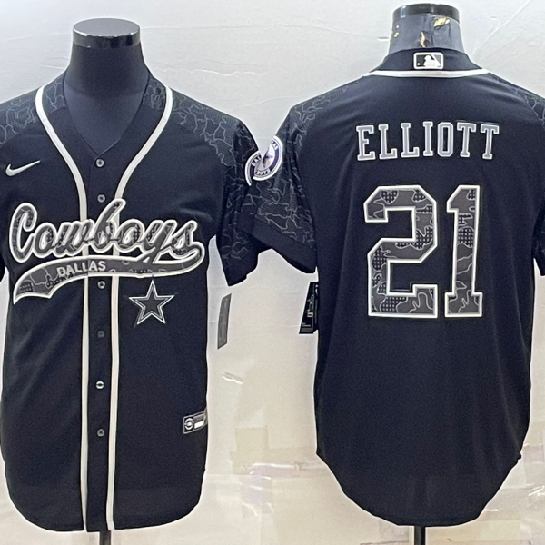 Men’s Dallas Cowboys #21 Ezekiel Elliott Black Reflective With Patch Cool Base Stitched Baseball Jersey