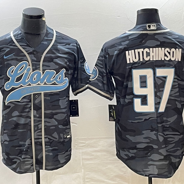 Men’s Detroit Lions #97 Aidan Hutchinson Grey Camo With Patch Cool Base Stitched Baseball Jersey