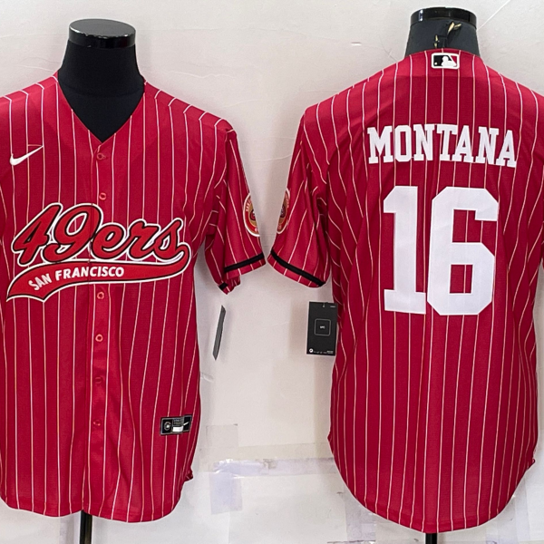 Men’s San Francisco 49ers #16 Joe Montana Red Pinstripe With Patch Cool Base Stitched Baseball Jersey