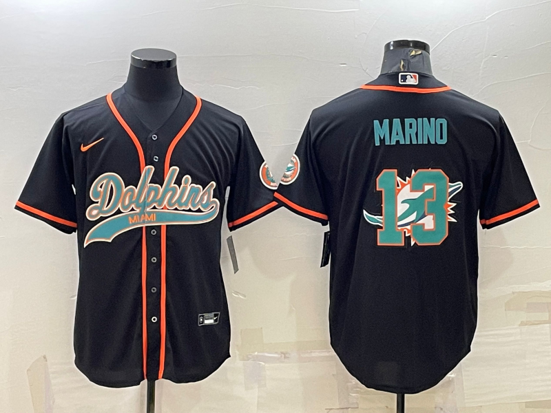 Men’s Miami Dolphins #13 Dan Marino Black Team Big Logo With Patch Cool Base Stitched Baseball Jersey